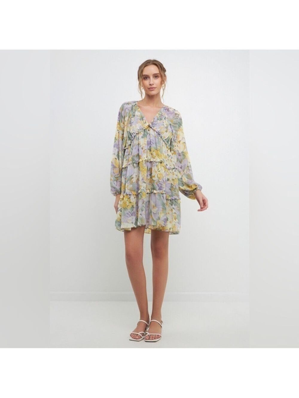 Free The Roses Voluminous Flowy Floral Mini Dress with Long Sheer Puff Sleeves - Picture 5 of 14